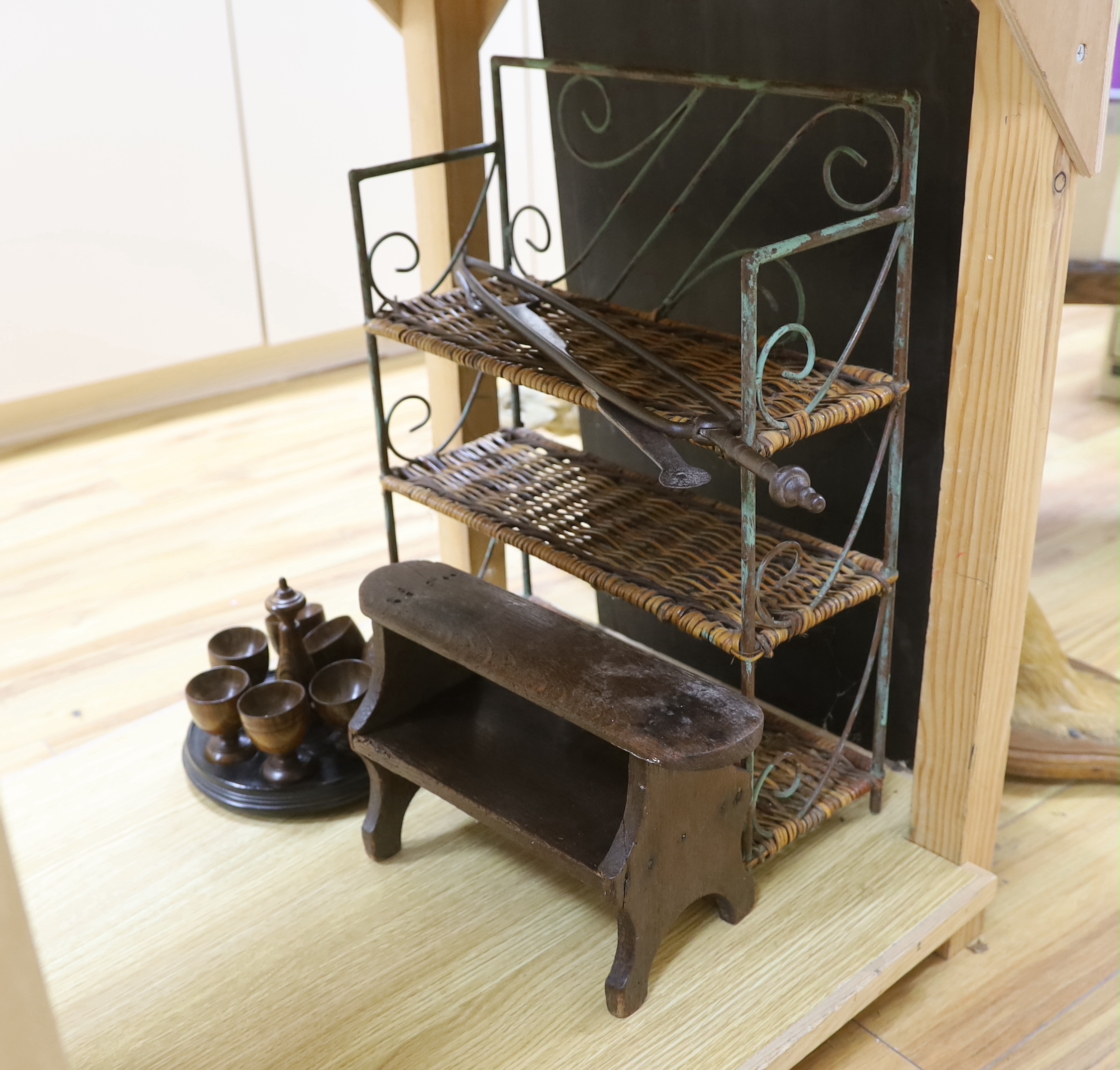 Wooden and metalware including knobkerrrie, three tier stand and egg cups (6)